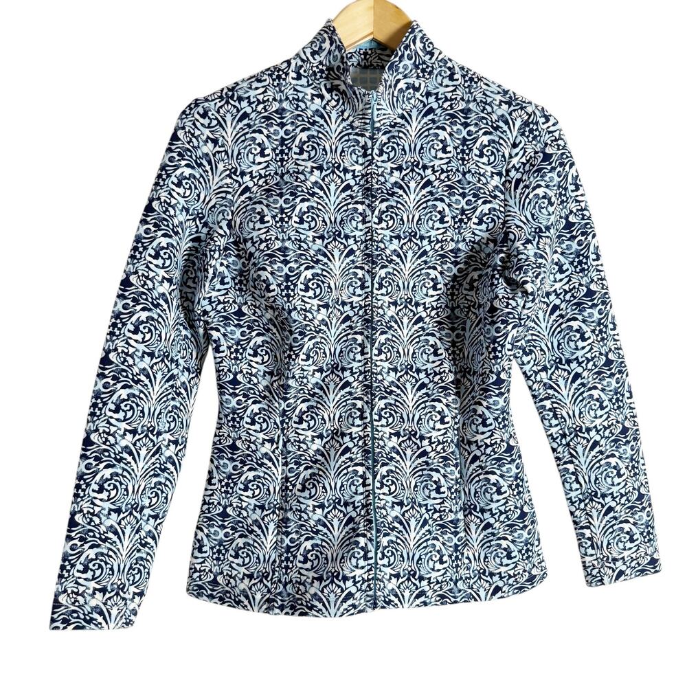J. McLaughlin Navy Blue Printed Full Zip Mock Neck Scuba Billie Jacket Size S